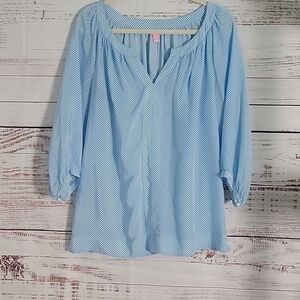 Lilly Pulitzer SILK V Neck Moxy Shirt Size L Blue White Striped